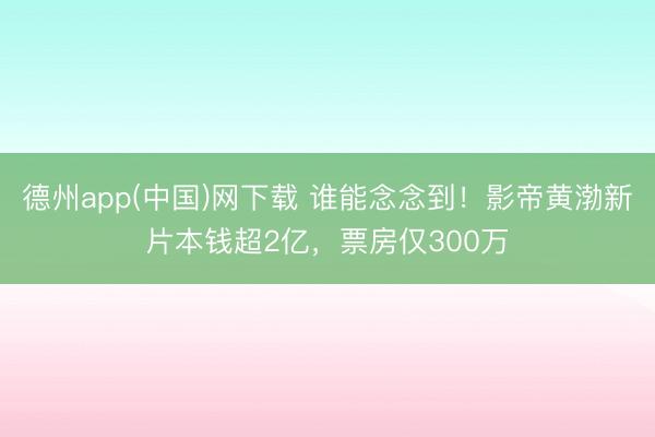 德州app(中国)网下载 谁能念念到！影帝黄渤新片本钱超2亿，票房仅300万